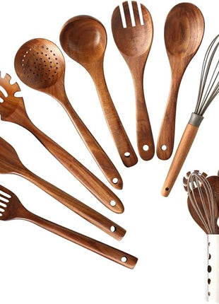 Wooden Kitchen Utensils Set with Holder, NAYAHOSE 9 Pcs Teak Wood Spoons for Cooking Spatula Set with Stainless Steel Storage Barrel