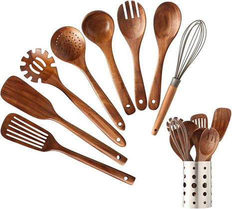 Wooden Kitchen Utensils Set with Holder, NAYAHOSE 9 Pcs Teak Wood Spoons for Cooking Spatula Set with Stainless Steel Storage Barrel