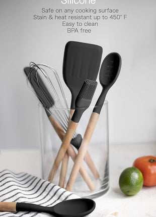 Country Kitchen Non Stick Silicone Utensil Set with Rounded Wood Handles for Cooking and Baking, 6 Piece Set, Black