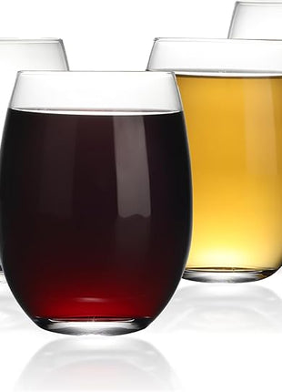 Stemless Wine Glass, Red & White 15oz Stemless Wine Glass Set of 4, Drink Glasses with Durable Chip Resistant Rim, Large Wine Glasses for Enhanced Aeration, Wine Accessories for Parties (15oz - 4Pack)