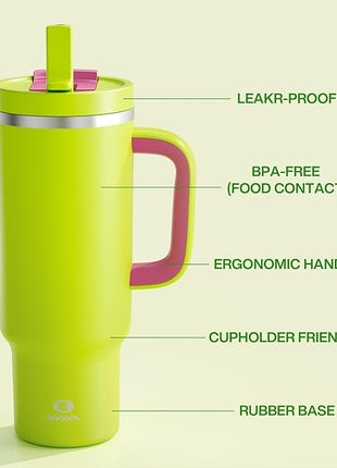 ENCOOL 40 oz Tumbler with Handle and Straw: Stainless Steel Insulated Tumbler Keeps Cold for 24 Hours, Leakproof Travel Cup Fits in Cup Holder and BPA-Free,Acid Green