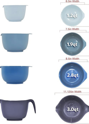 Glad Mixing Bowls with Pour Spout, Set of 4 - Nesting Plastic Bowls (1.2qt, 1.9qt, 2.8qt, and 3qt with Handle) - Non Slip Base, Dishwasher Safe Kitchen Cooking and Baking Supplies, Blue