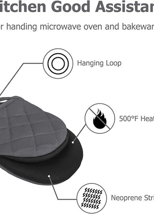 1 Pair Short Oven Mitts, Heat Resistant Silicone Kitchen Mini Oven Mitts for 500 Degrees, Non-Slip Grip Surfaces and Hanging Loop Gloves, Baking Grilling Barbecue Microwave Machine Washable