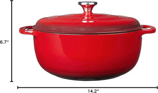 Lodge 7.5 Quart Enameled Cast Iron Dutch Oven with Lid – Dual Handles – Oven Safe up to 500° F or on Stovetop - Use to Marinate, Cook, Bake, Refrigerate and Serve – Island Spice Red