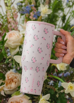 HydroJug Traveler - 40 oz Water Bottle with Handle & Flip Straw - Fits in Cup Holder, Leak Resistant Tumbler-Reusable Insulated Stainless Steel & Rubber Base - Gifts for Women & Men, Wildrose