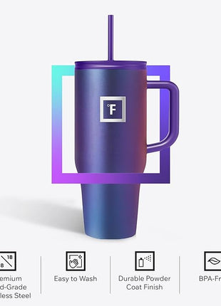 IRON °FLASK Co-Pilot Insulated Mug w/Straw & Flip Cap Lids - Cup Holder Bottle for Hot, Cold Drink - Leak-Proof - Water, Coffee Portable Travel Mug - Cobalt Blue, 32 Oz