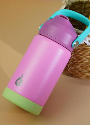 BJPKPK Insulated Water Bottle with Straw Lid, 12oz Thermo Water Bottles, Flex Handle & Non-slip Boot, BPA Free Leak Proof Stainless Steel Metal Thermo, Tumblers, Cups,Rose Pink