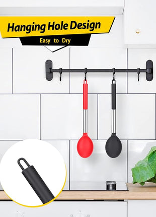 Pack of 2 Large Silicone Cooking Spoon Non Stick Solid Basting Spoons Heat-Resistant Kitchen Utensils for Mixing Serving (Black-Red)