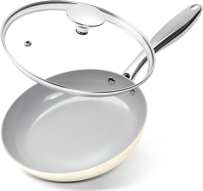 MICHELANGELO Frying Pans Nonstick with Lid - 8 Inch Small Frying Pan, Non Toxic Ceramic Pan with Lid, Non Stick Small Skillet for All Stovetops, Beige