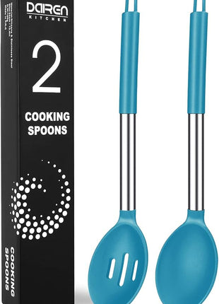 Pack of 2 Large Silicone Cooking Spoons, Non-Stick Stainless Steel Slotted and Solid Spoon Set for Serving, Mixing, Draining, Heat Resistant, Scratch Resistant and BPA Free Kitchen Scoops (Blue)
