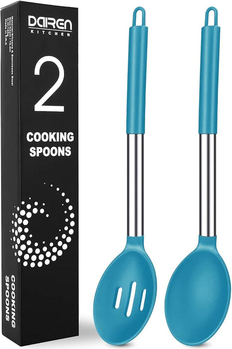 Pack of 2 Large Silicone Cooking Spoons, Non-Stick Stainless Steel Slotted and Solid Spoon Set for Serving, Mixing, Draining, Heat Resistant, Scratch Resistant and BPA Free Kitchen Scoops (Blue)