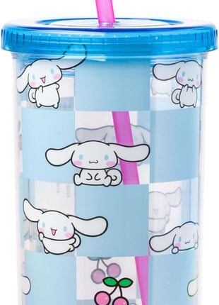 Silver Buffalo Sanrio Hello Kitty and Friends Cinnamoroll Cherry Blue Checkered Plastic Cold Cup with Lid and Straw, 20 Ounces