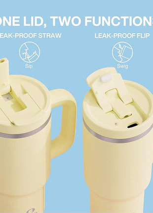 ENCOOL 32 oz Tumbler with Handle and Straw: Stainless Steel Insulated Tumbler Keeps Cold for 24 Hours, Leakproof Travel Cup Fits in Cup Holder and BPA-Free,Light Vanilla