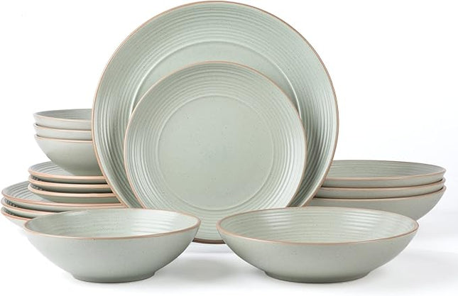 RINGAR Round Stoneware 16pc Double Bowl Dinnerware Set for 4, Dinner Plates, Side Plates, Cereal Bowls, Pasta Bowls - Speckle Matte White (405878)