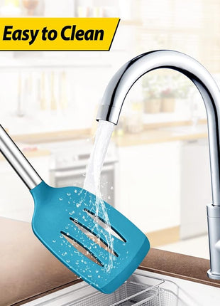 Pack of 4 Silicone Cooking Utensils Set, Non Stick Large Solid Spatulas, Heat Resistant Blue Slotted Spoons, Ideal BPA Free Kitchen Turners for Frying, Mixing,Serving,Draining,Turning,Stirring