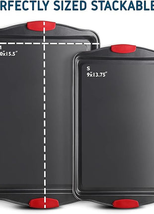 JOYTABLE Baking Sheet, 2PC Cookie Sheet Set with Silicone Handles, Nonstick Steel Baking Pan, Baking Sheets for Oven, BPA Free Baking Pans Set, Cookie Sheets– Black Bakeware, Small & Medium