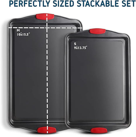 JOYTABLE Baking Sheet, 2PC Cookie Sheet Set with Silicone Handles, Nonstick Steel Baking Pan, Baking Sheets for Oven, BPA Free Baking Pans Set, Cookie Sheets– Black Bakeware, Small & Medium