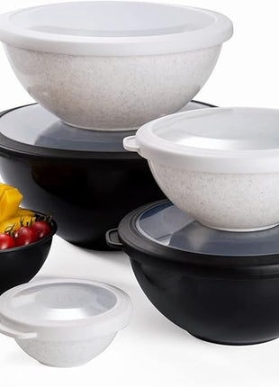 COOK WITH COLOR Mixing Bowls with TPR Lids - 12 Piece Plastic Nesting Bowls Set includes 6 Prep Bowls and 6 Lids, Microwave Safe Mixing Bowl Set (Black and White)