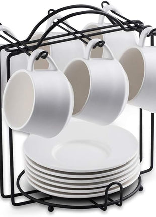 YHOSSEUN Espresso Cups Set with Saucers and Metal Stand Coffee Cup Set of 6 4 oz Cappuccino Cups Teacup for Tea Party - White