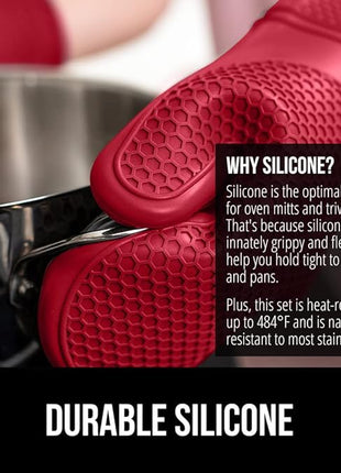 GORILLA GRIP BPA-Free Soft Silicone Oven Mitts and Pot Holders Sets of 4, Heat Resistant Waterproof Cooking Gloves, Thick Cotton Lining, Flexible Gripping for Baking Grilling, Kitchen Trivets, Red