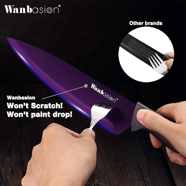 Wanbasion Purple Professional Kitchen Knife Chef Set, Stainless Steel, Dishwasher Safe with Covers