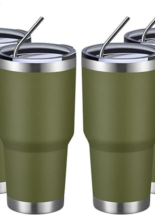 MEWAY 30oz Insulated Tumbler With Lids and Straws,Stainless Steel Double Vacuum Coffee Tumbler Cup, Brush, Durable Powder Coated Coffee Cup for Cold & Hot Drinks, Office, Travel(Army Green,4 PACK)