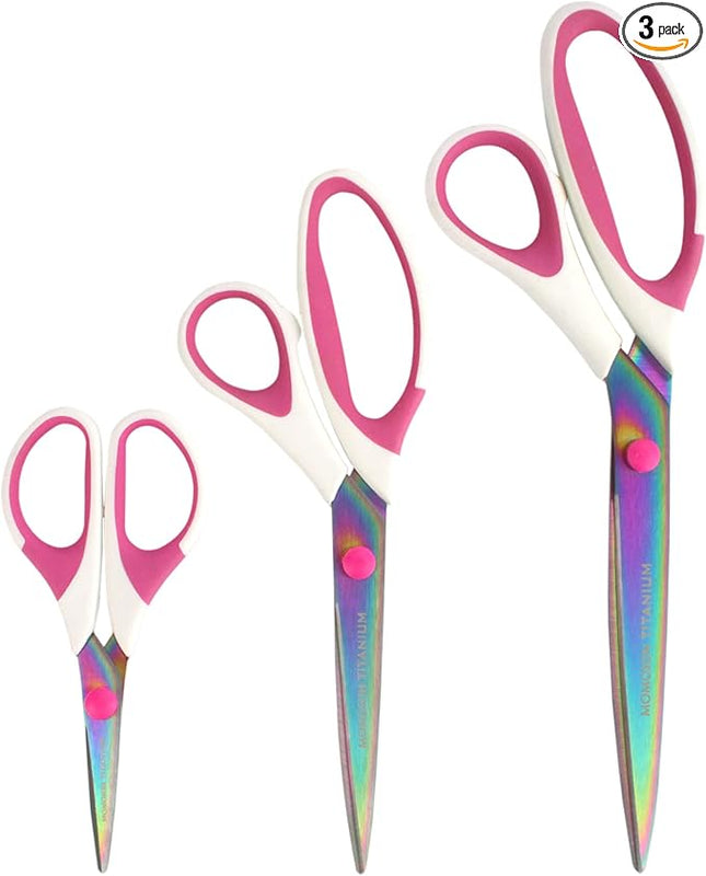 BambooMN Titanium Softgrip Scissors Set for Sewing, Arts, Crafts, Office - 1 set of 3 - White w/Pink Inlays