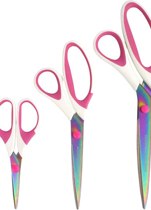 BambooMN Titanium Softgrip Scissors Set for Sewing, Arts, Crafts, Office - 30 Sets of 3 - White w/Pink Inlays