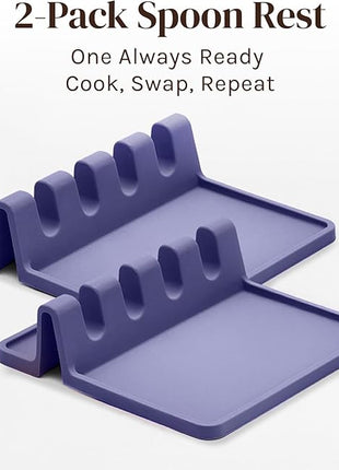 Silicone Spoon Rest for Stove Top with Drip Pad (Two Pack) - Heat Resistant BPA Free Utensil Rest & Spoon Holder for Kitchen Counter - Grill Utensil Holder - Spatula Holder, Tongs, Ladle - Purple