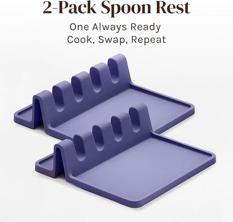 Silicone Spoon Rest for Stove Top with Drip Pad (Two Pack) - Heat Resistant BPA Free Utensil Rest & Spoon Holder for Kitchen Counter - Grill Utensil Holder - Spatula Holder, Tongs, Ladle - Purple