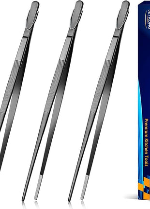 JETKONG 14-Inch Long Stainless Steel Thin Tongs Heavy Duty Kitchen Cooking Tweezers Tongs, Set of 3 (14 14 14 Inch, Black)
