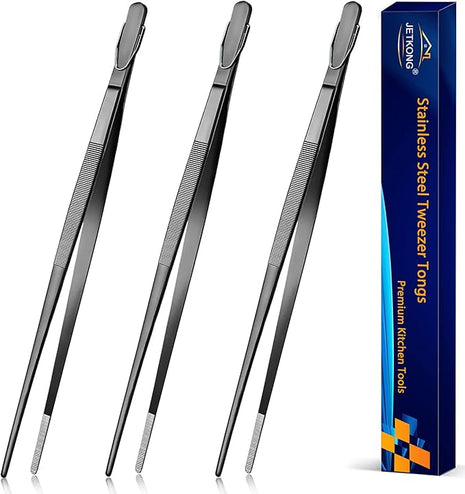 JETKONG 14-Inch Long Stainless Steel Thin Tongs Heavy Duty Kitchen Cooking Tweezers Tongs, Set of 3 (14 14 14 Inch, Black)