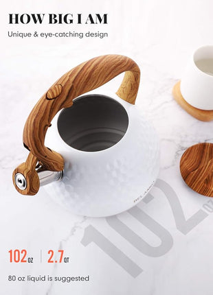 BELANKO 2.7 Quart Tea Kettle for Stovetop - Food Grade Stainless Steel with Diamond Texture, Designer Teapot Look, Cool-Touch Wood Pattern Handle, Whistling Spout - Gloss White