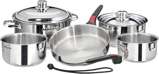 Magma 10 Piece Gourmet Nesting Stainless Steel Cookware Set, Induction Compatible, Oven Safe to 500°F - Suitable for All Stovetops, Removable Handles, Silver