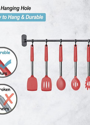 Silicone Spatula and Cooking Spoon,5 Pack Non-Stick Cooking Utensils for Kitchen，Heat Resistant Solid & Slotted Spoons and Spatulas, Stainless Steel Handle Coated with Silicone,Red