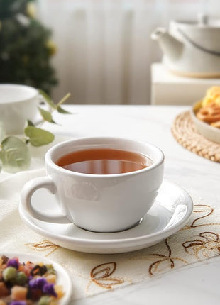 LE TAUCI 8 oz Cappuccino Cups with Saucers, Heavyweight Ceramic Large Coffee Cup for Au Lait, Double shot, Latte, Cafe Mocha, Tea - Dishwasher Safe, Set of 4, White