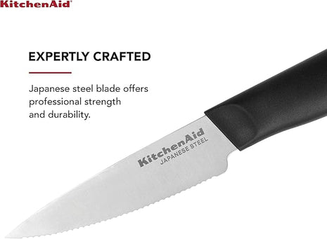 KitchenAid Classic Serrated Paring Knife with Custom-Fit Blade Cover, 3.5-inch, Sharp Kitchen Knife, High-Carbon Japanese Stainless Steel Blade, Black