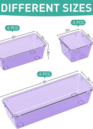 WOWBOX 12 Pack Clear Drawer Organizer Set, Acrylic Drawer Storage Trays, Storage Bins for Makeup, Cosmetics, Jewelries, Utensils, Gadgets, Office, Purple
