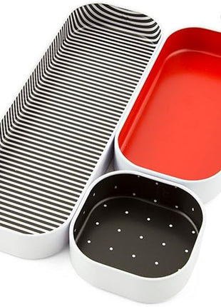 Three by Three Seattle 3 Piece Shallow Metal Organizer Tray Set for Storing Makeup, Stationery, Utensils, and More in Office Desk, Kitchen and Bathroom Drawers (1 Inch, Red Dots and Stripes)