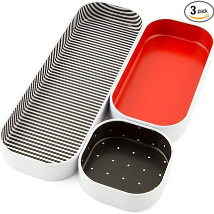 Three by Three Seattle 3 Piece Shallow Metal Organizer Tray Set for Storing Makeup, Stationery, Utensils, and More in Office Desk, Kitchen and Bathroom Drawers (1 Inch, Red Dots and Stripes)