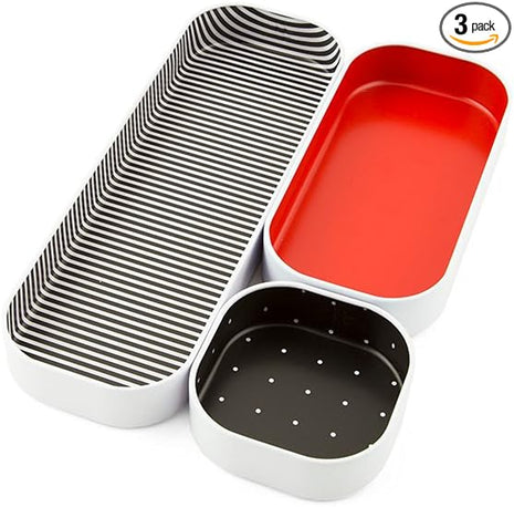Three by Three Seattle 3 Piece Shallow Metal Organizer Tray Set for Storing Makeup, Stationery, Utensils, and More in Office Desk, Kitchen and Bathroom Drawers (1 Inch, Red Dots and Stripes)