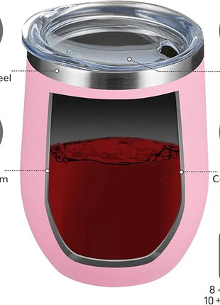 MEWAY 12oz/12 Pack Wine Tumbler Glasses with Lid -Double Wall Vacuum Stainless Steel Travel Tumbler Mug,Stemless Insulated Wine Cup for,Coffee,Cocktails,Gifts (Pink,Set of 12)