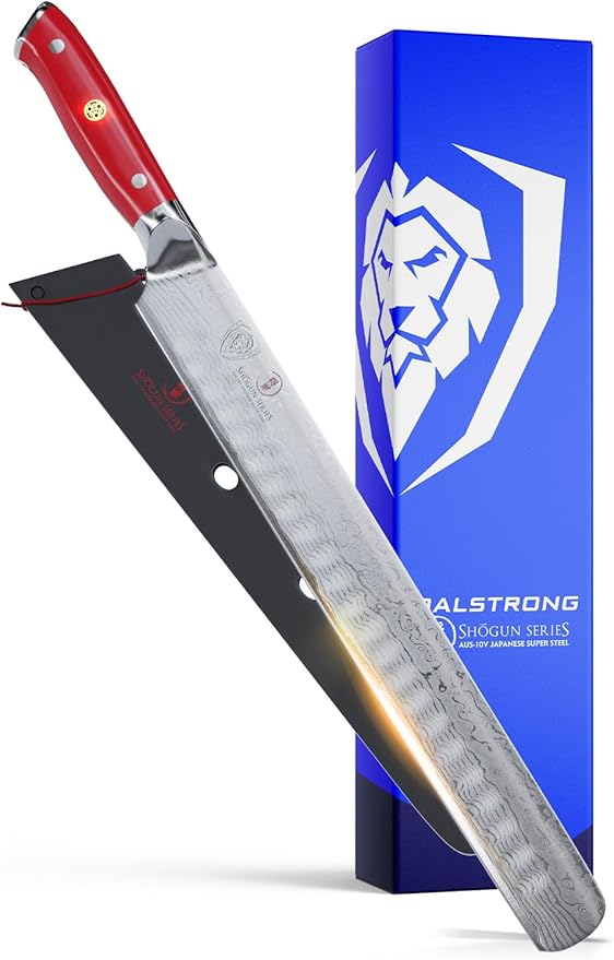 Dalstrong Slicing Carving Knife - 12 inch Granton Edge - Shogun Series - Damascus - Japanese AUS-10V Super Steel Kitchen Knife - Vacuum Treated - Crimson Red ABS Handle - Razor Sharp Knife - w/Sheath