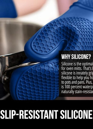 GORILLA GRIP BPA-Free Soft Silicone Oven Mitts, Heat Resistant and Waterproof Cooking Gloves, Thick Cotton Lining, Flexible Gripping for Baking Grilling, Kitchen Potholders Set of 2, 12.5x8.3, Blue