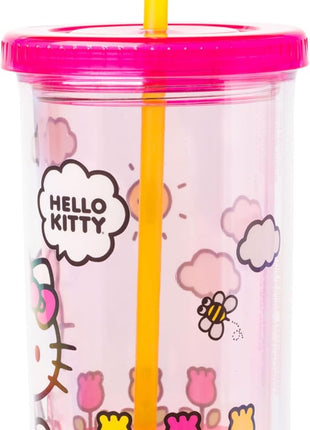 Silver Buffalo Sanrio Hello Kitty Spring and Summer Flowers Rainbow Stripes Plastic Cold Cup with Lid and Straw, 20 Ounces