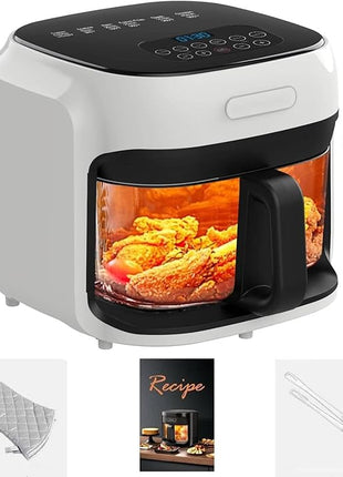 Glass Air Fryer, 7.6QT with Transparent Fry Bowl, Circulating Heating, Temperature Control, Air Fryer Roast, Dishwasher Safe (White)