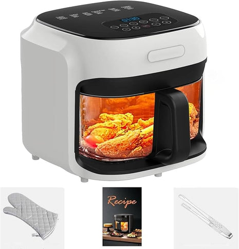 Glass Air Fryer, 7.6QT with Transparent Fry Bowl, Circulating Heating, Temperature Control, Air Fryer Roast, Dishwasher Safe (White)