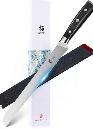 KYOKU 10" Serrated Bread Knife, Samurai Series Serrated Knife for Homemade Bread Pastries with Pakkawood Handle, Japanese High Carbon Steel Cake Knife, Full Tang Bread Cutting Knife with Sheath & Case