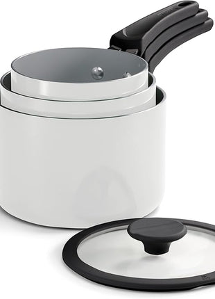 Tramontina Ceramic Non Stick 6-Piece Nesting Sauce Pan Set with Lids - Stackable Nonstick Cookware Set, Dishwasher and Oven Safe, White