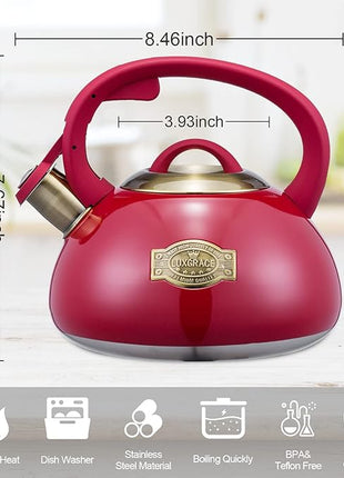 Whistling Tea Kettle Stainless Steel Teapot, Teakettle for Stovetop Induction Stove Top, Fast Boiling Heat Water Tea Pot 2.5 Quart(Red)